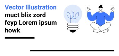 Kadın, yaratıcılığı ve yeniliği temsil eden ampulün yanında oturmuş meditasyon yapıyor. Farkındalık, denge, üretkenlik, öz bakım, fikirler, stres yönetimi, basit iniş sayfası için ideal