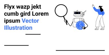 Finansı, araştırma teknolojisini ve verileri inceleyen bir robotun yanında kadın karakter. Fintech, otomasyon, yenilik, eğitim, problem çözme finansal planlaması için ideal basit