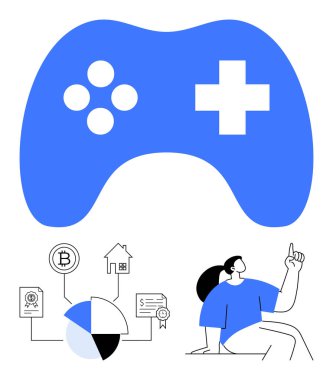 Mavi oyun denetleyicisi, finansal tablolar, engelleme sembolleri, pasta grafiği, yukarı bakan kadın. Oyun, engelleme zinciri, fintech, yaratıcı strateji teknolojisi yeniliği için idealdir.