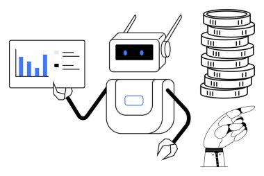 Robot elinde analitik tahtası, servetini temsil eden bozuk paralar, teknolojiyi sembolize eden robotik eller. Yapay zeka, otomasyon, finans, analitik, robotik, yenilik dairesi için ideal