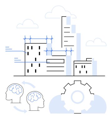 İnşaat hatları olan şehir binaları, fikir alışverişi yapan iki kafa takım çalışmasını sembolize eden ekipmanlar. Mimarlık, işbirliği, yenilik, strateji, sorun çözme, kentsel planlama için ideal