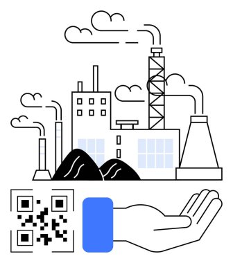 İnovasyon, sürdürülebilirlik, dijital araçlar, endüstri, çevre, teknoloji ve güvenilirliği temsil eden, QR kodlu duman yayan fabrika. Endüstriyel verimlilik için ideal