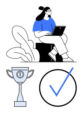 Dizüstü bilgisayarlı bir kadın, bitkiler, kupa ve işaret ile çevrili. Üretkenlik, başarı, hedefler, başarı sıkı çalışma kariyer gelişimi kişisel mükemmellik için idealdir. Düz basit metafor