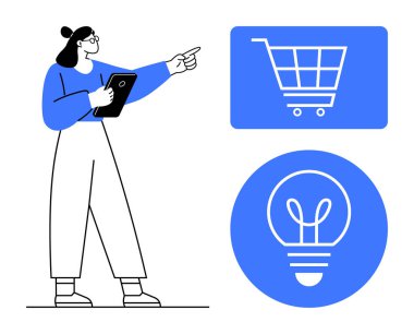 Tablet tutan, alışveriş arabası ve ampulü gösteren, online alışveriş ve fikirleri sembolize eden bir kadın. Yenilik, teknoloji, pazarlama, iş, yaratıcılık, e-ticaret analizleri için ideal