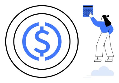 Hesap makinesi kullanan bir kadın, dairesel tasarımda büyük dolar işareti. Bütçe, tasarruf, muhasebe, mali planlama, yatırımlar, ekonomi iş stratejisi için idealdir. Düz basit metafor