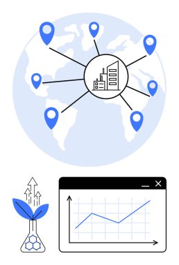 Merkeze bağlı konum işaretleri olan dünya, kimyasal şişeden yükselen bitki ve büyüme eğilimli grafikler. Küresel bağlantı, veri analizi, sürdürülebilirlik, büyüme ve iş için ideal