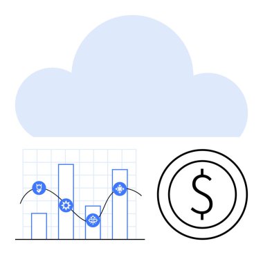 Çizgi grafik ve güvenlik simgeleriyle barın üstündeki mavi bulutun yanında bir dolar para. Teknoloji, veri analizi, finans, bulut depolama, siber güvenlik, iş büyümesi, yenilik için ideal