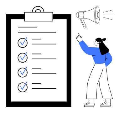 Kontrol listesi, kontrol işaretleri ve megafonlu işaret eden bir kadın. Takım çalışması, görev yönetimi, iletişim, organizasyon, planlama motivasyon verimliliği için idealdir. Düz basit