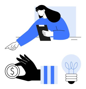 Kadın pano tutarken el kol hareketi, bozuk para tutarken el hareketi, filizli ampul. Liderlik, yatırım, karar verme, sürdürülebilirlik, çevre dostu yenilik, strateji dairesi için ideal