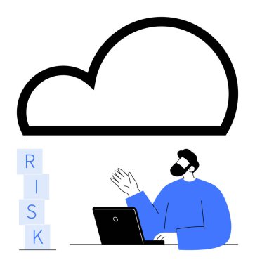 Dizüstü bilgisayarı olan büyük bir bulut simgesi, istiflenmiş RISK bloklarına el hareketi. Bulut teknolojisi, bilişim, veri güvenliği, çevrimiçi işbirliği, yenilik, iş stratejisi, soyut