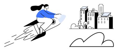 Kadın, güneş panelli binalar, ağaçlar ve bulutlarla çevre dostu şehre doğru roket sürüyor. Yenilik için ideal, sürdürülebilirlik, ilerleme, eko-yaşam, teknoloji, yeşil enerji fütüristik