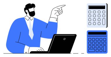 Takım elbiseli bir adam dizüstü bilgisayar ve el kol hareketi yapıyor, yanında hesap makineleri var. Finans, muhasebe, bütçe, iş planlaması, teknoloji, veri analizi verimliliği için ideal. Düz basit metafor