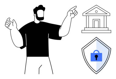 Kolları kalkık bir adam, banka binası ikonu, kilitli bir güvenlik kalkanı. Finans, güvenlik, bankacılık, veri koruması, Fintech Trust siber güvenliği için ideal. Kalın çizgi ve renkleri temizle