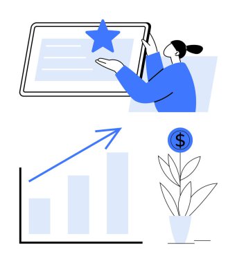 Dijital ekranda bir yıldızı sunan kişi, bar çizelgesinde ilerlemeyi gösteren, dolar işareti olan bir bitki. Tanınma, başarı, büyüme, finans, yatırım motivasyon eğitimi için idealdir. Düz basit