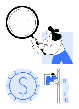 Büyük bir büyüteçle muayene eden kadın, bozuk para, istiflenmiş risk bloklarını değerlendiren adam. Mali analiz, risk yönetimi, strateji, iş anlayışı, karar verme, sorun çözme için ideal