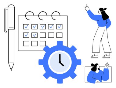 İşaretli kutular, viteste saat, notlar için kalem ve işaret eden kişi istikameti. Zaman yönetimi, verimlilik, planlama, planlama, organizasyon verimliliği için idealdir.