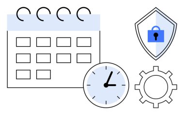 Sarmal bağlanmalı takvim, zamanı gösteren saat, kilitli kalkan ve dişli dişli dişli çark. Zamanlama, siber güvenlik, verimlilik, otomasyon, organizasyon zamanı izleme ve iş akışı için ideal