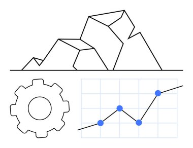 Modüler elementler süreçler için dişli, veri analizi için çizgi çizelgesi ve zorluklar için dağ simgeleri içerir. Stratejiler, üretkenlik, yenilik, ilerleme, veri içgörüleri, başarı için ideal
