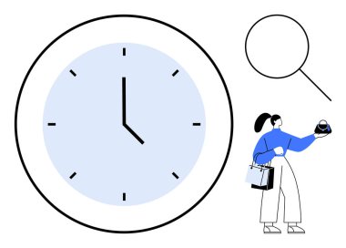 Büyük saat yüzlü, elinde eşya, alışveriş torbaları ve büyüteç sembolü olan biri. Zaman yönetimi, müşteri memnuniyeti, alışveriş deneyimi, verimlilik, dakiklik, perakende