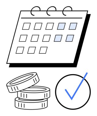 Zamanlamayı ve tarihleri temsil eden takvim, para veya tasarrufu sembolize eden madeni paralar ve tamamlamayı veya onaylamayı belirten kontrol işareti. Planlama, finans, organizasyon, hedefler, süreler için ideal