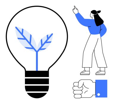 Bitki filizi içeren ampul, yukarı bakan kadın ve sıkılmış bir yumruk. Sürdürülebilirlik, güçlendirme, yenilik, ekoloji, büyüme liderliği aktivizmi için ideal. Düz basit metafor