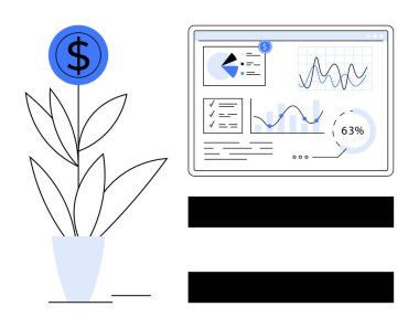 Analiz, çizelge ve metriklerin yer aldığı dijital gösterge paneline bağlı gelir artışını sembolize et. İş, yatırım, strateji, ilerleme, yönetim teknolojisi planlaması için ideal. Düz