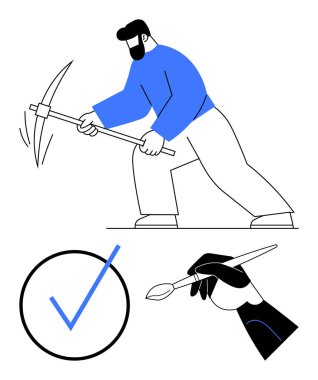 Kazmalı işçi madenciliği, tamamlanma anlamına gelen mavi işaret, yaratıcılık için boya fırçası. Üretkenlik, emek, başarı, görevler, yaratıcılık, başarı için ideal düz bir metafor