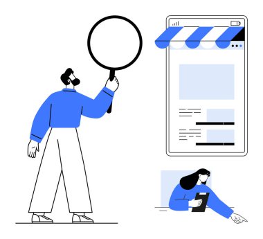 Adam dijital mağazayı büyüteçle inceliyor, çevrimiçi iş optimizasyonuna odaklanıyor. Kadın analiz için tablet kullanıyor. Araştırma, e-ticaret, pazarlama, strateji ve analitik için ideal