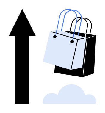 Büyük bir ok ve bulutun yanında mavi saplı alışveriş torbaları. Çevrimiçi alışveriş, e-ticaret büyümesi, dijital satışlar, pazarlama eğilimleri, yükselen işletmeler, bulut hesaplama, sanal