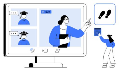 Sanal derste mezunlarla canlı etkileşim kuran öğretmenler ekranı gösteriyor. Eğitim, uzaktan öğrenme, eğitim, iletişim, teknoloji, takım çalışması için ideal online etkinlikler. Düz basit