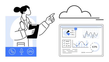 Paneli ve kulaklığı olan bir doktor sanal veri panelinin üstündeki buluta bakıyor ve grafikleri ve analizleri gösteriyor. Teletıp, bulut teknolojisi, sağlık, veri analizi ve yenilik için ideal