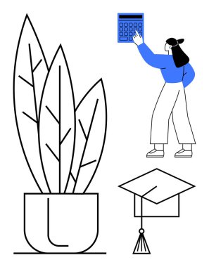 Kadın, bitki ve mezuniyet şapkasının yanında hesap makinesiyle etkileşime girmiş. Eğitim, finans, kişisel büyüme, sürdürülebilirlik, planlama, akademik başarı, profesyonel gelişim için idealdir. Düz basit