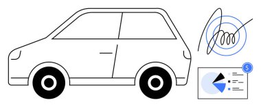 İmza ve mali tabloların yanında küçük bir arabanın taslağı. Temalar için ideal sigorta, mülkiyet, araç kaydı, finans, sözleşmeler, krediler, varlıkların yönetimi. Düz basit