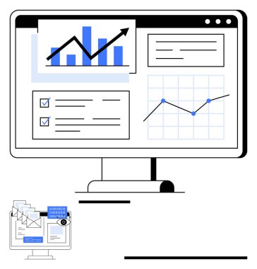 Bilgisayar monitörü grafikleri, kontrol listelerini ve analizleri gösteriyor. E- posta bildirimleri ve gelen kutuları. Üretkenlik, strateji, içgörü, performans, yönetim planlama dairesi için ideal
