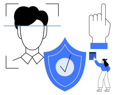 Kimlik taraması, işaretli mavi güvenlik kalkanı, işaret eden el ve veri girişi. Güvenlik, teknoloji, biyometri, koruma, gizlilik erişimi denetimi için ideal