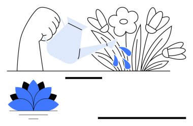 Çiçeklerin üzerine su döken bir teneke kutu, bakımı, büyümeyi ve desteği sembolize ediyor. Doğa için ideal, bahçıvanlık, sürdürülebilirlik, sağIık, farkındalık, pozitif olmak. Düz