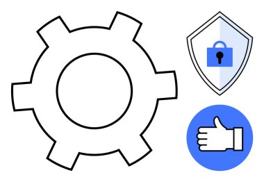 Verimliliği sembolize eden vites, güvenlik kilidi olan kalkan ve güvenilirlik için en az seviyede onay. Teknoloji, siber güvenlik, web hizmetleri, yazılım geliştirme, kalite için ideal