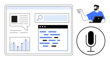 Arama, metin ve ses girdileri olan dijital çalışma alanı, dizüstü bilgisayarı, çubuk grafiği, mikrofon simgesi olan adam. Dijital çalışma alanları, iletişim, arama araçları, analiz teknolojisi için ideal