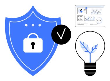 Kilitli mavi kalkan, bitki tasarımlı ampul, analitik torpido gözü. Siber güvenlik, yenilik, veri analizi, yeşil teknoloji, sürdürülebilirlik güveni yönetimi için ideal. Düz basit metafor