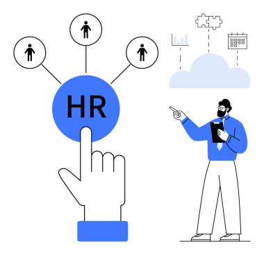Personel sembollerine bağlı insan kaynakları simgesi seçiliyor, yönetici bulut şemaları ile stratejiler sunuyor. İdeal İK çözümleri, takım oluşturma, yönetim, liderlik, işgücü planlaması, veri