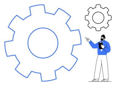 Büyük mavi dişli, arka planda daha küçük dişli, profesyonel giysili biri işaret ediyor. Takım çalışması, strateji, süreç, işlemler, mekanik, yenilik teknik sistemleri için ideal düz metafor