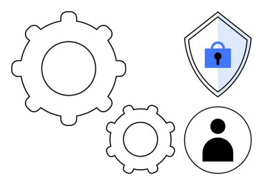 Vites mekanizmaları, mavi kilitli güvenlik kalkanı ve kullanıcı simgesi. Sistem entegrasyonu, veri koruması, siber güvenlik, kullanıcı kimlik denetimi, dijital güvenlik, teknoloji ekip yönetimi için ideal