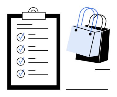 Alışveriş listesi eşyalarının yanında işaretli pano, iki alışveriş çantasının yanına yerleştirilmiş. Perakende, alışveriş, görev yönetimi, verimlilik, organizasyon ve tüketici davranışı için ideal