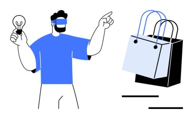 Mavi gömlekli, VR kulaklık takan, elinde ampul tutan ve alışveriş torbalarını işaret eden bir adam. Teknoloji, yenilik, çevrimiçi alışveriş, e-ticaret, sanal gerçeklik, gelecekteki kavramlar, perakende satış için ideal.