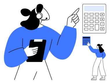 Büyük hesap makinesinde pano noktalarını tutan kadın, küçük figür cihazla etkileşime geçiyor. Finans, bütçe, muhasebe, analiz, planlama, eğitim için ideal minimum tasarım sade metafor