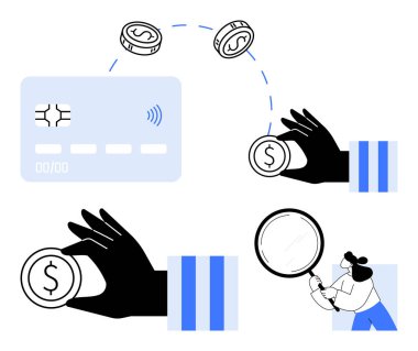 Bozuk para değiş tokuşu, kredi kartı, büyüteç, para kontrolü. Finans, çevrimiçi ödeme, işlemler, bütçe yönetimi, dijital ekonomi dairesi için ideal basit bir metafor