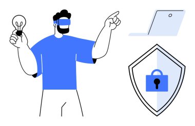 VR kulaklıklı bir adam ampulü tutarken dizüstü bilgisayarı ve kalkanı kilitliydi. Teknoloji, yenilik, siber güvenlik, dijital dönüşüm, fikir, sanal gerçeklik geleceği için ideal