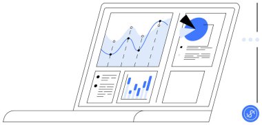 Dizüstü bilgisayardaki analitik gösterge paneli çizgi grafiği, pasta grafiği, çubuk grafik ve veri gereçlerini gösteriyor. İş analizi, istatistik, teknoloji, pazarlama, muhasebe yönetimi için ideal düz metafor
