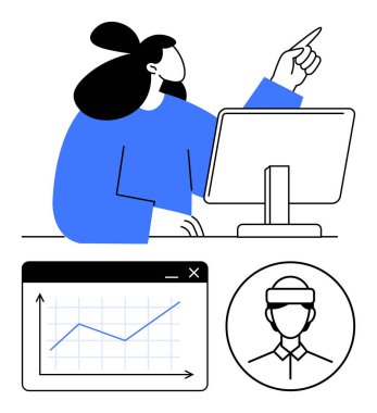 Masada monitörle çalışan bir kadın, yukarı doğru eğilimi gösteren bir grafik, bir kullanıcı profilini temsil eden bir avatar. Analiz, takım çalışması, veri görselleştirme, kullanıcı görüşleri, liderlik, eğitim ilerlemesi için ideal