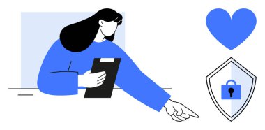 Elinde asma kilit ve kalp sembolü olan mavi kalkanı gösteren bir pano olan kadın. Güvenlik, koruma, güvenlik, bakım, mahremiyet, sağlık ve veri koruma temaları için ideal. Soyut satır düzlüğü